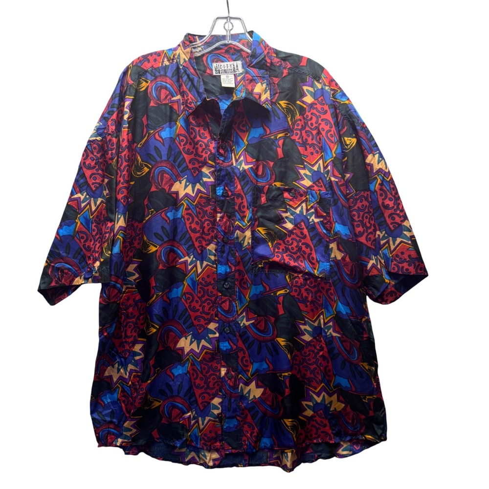 City Streets Silk Button Up Shirt Mens XL Multi Abstract Vintage 90s Retro Bold